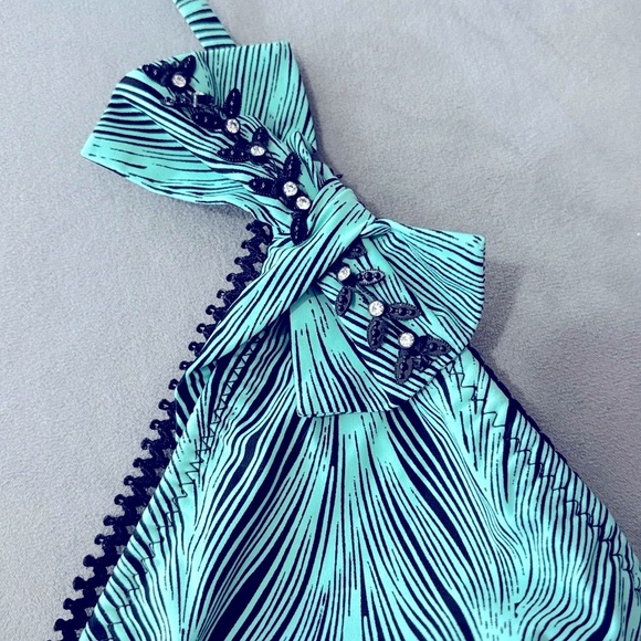 BETSEY JOHNSON Swim Teal Black
Rhinestone Bow Bikini. Size Small Top & Bottom - Picture 5 of 12
